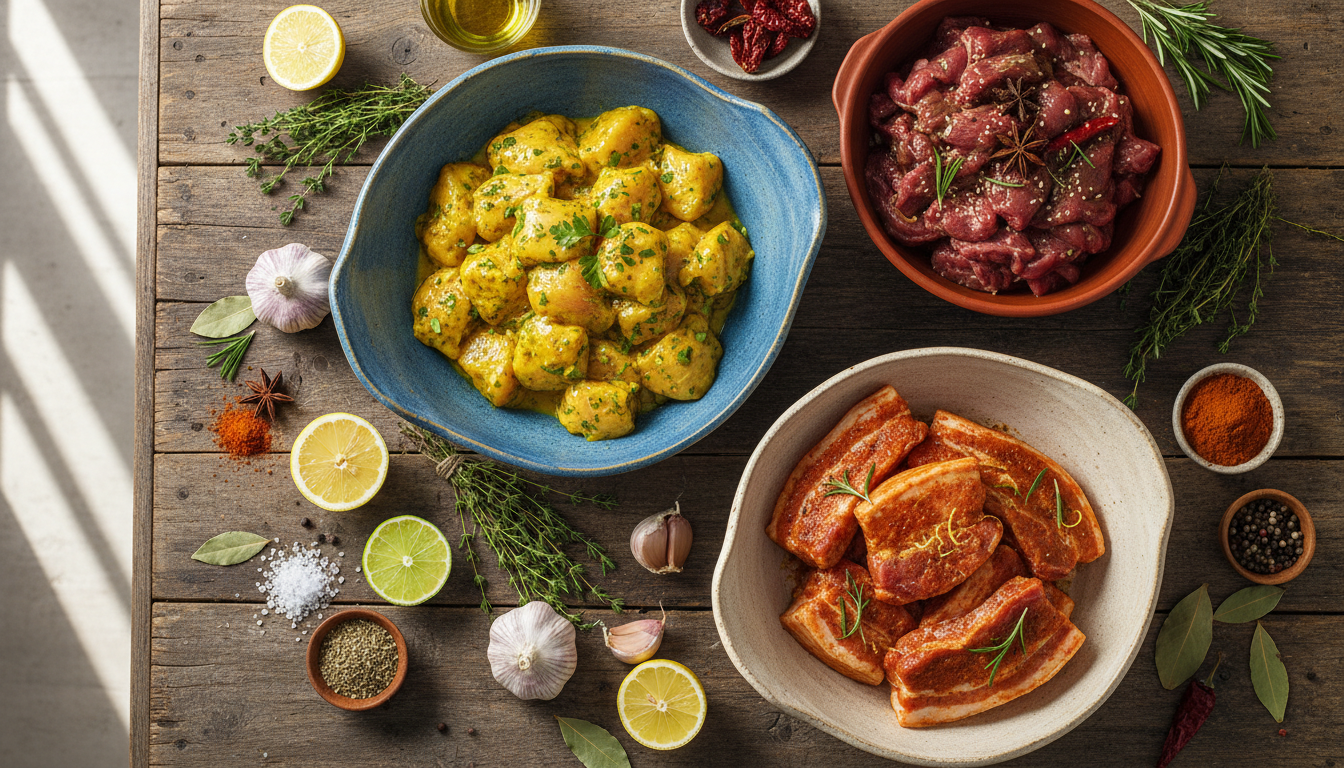 Разнообразные маринованные куски мяса в мисках с ингредиентами