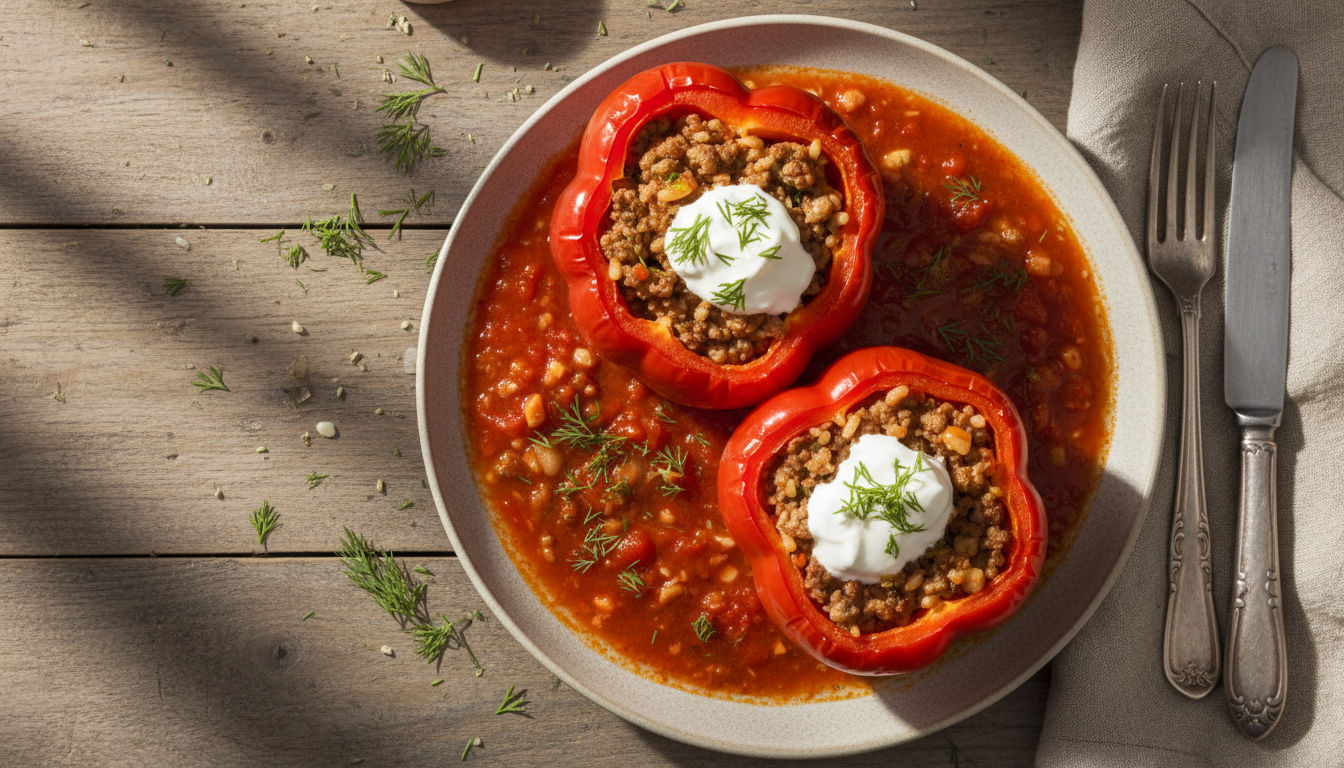 Фаршированные перцы, политые соусом и сметаной, на деревянном столе