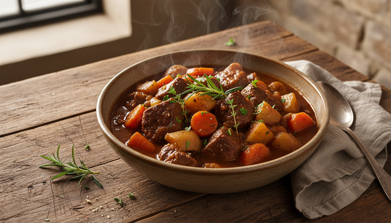 Аппетитное тушеное мясо с овощами в глиняной посуде на деревянном столе.