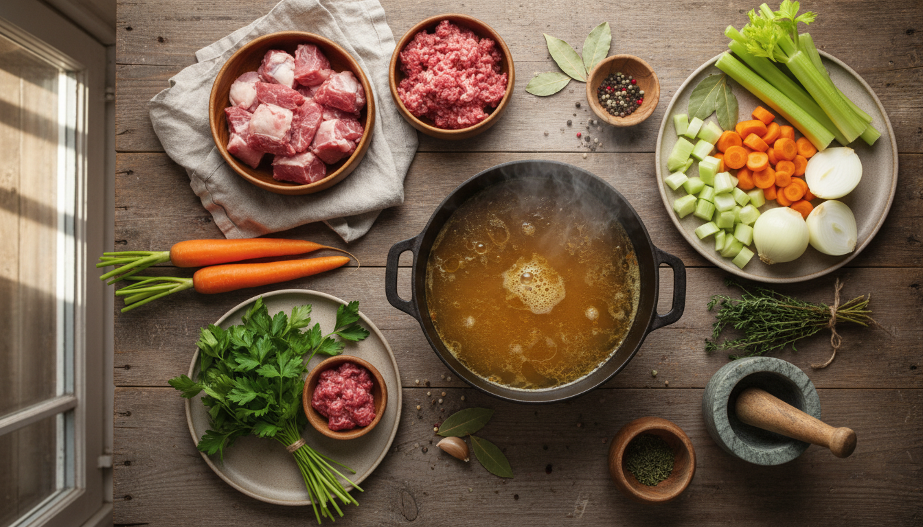 Аппетитный натюрморт с мясными обрезками, овощами и бульоном на деревянном столе