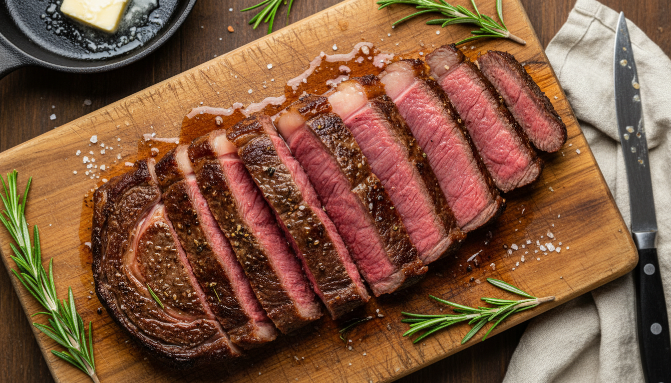 Идеально прожаренный стейк Рибай Medium Rare на деревянной доске с розмарином