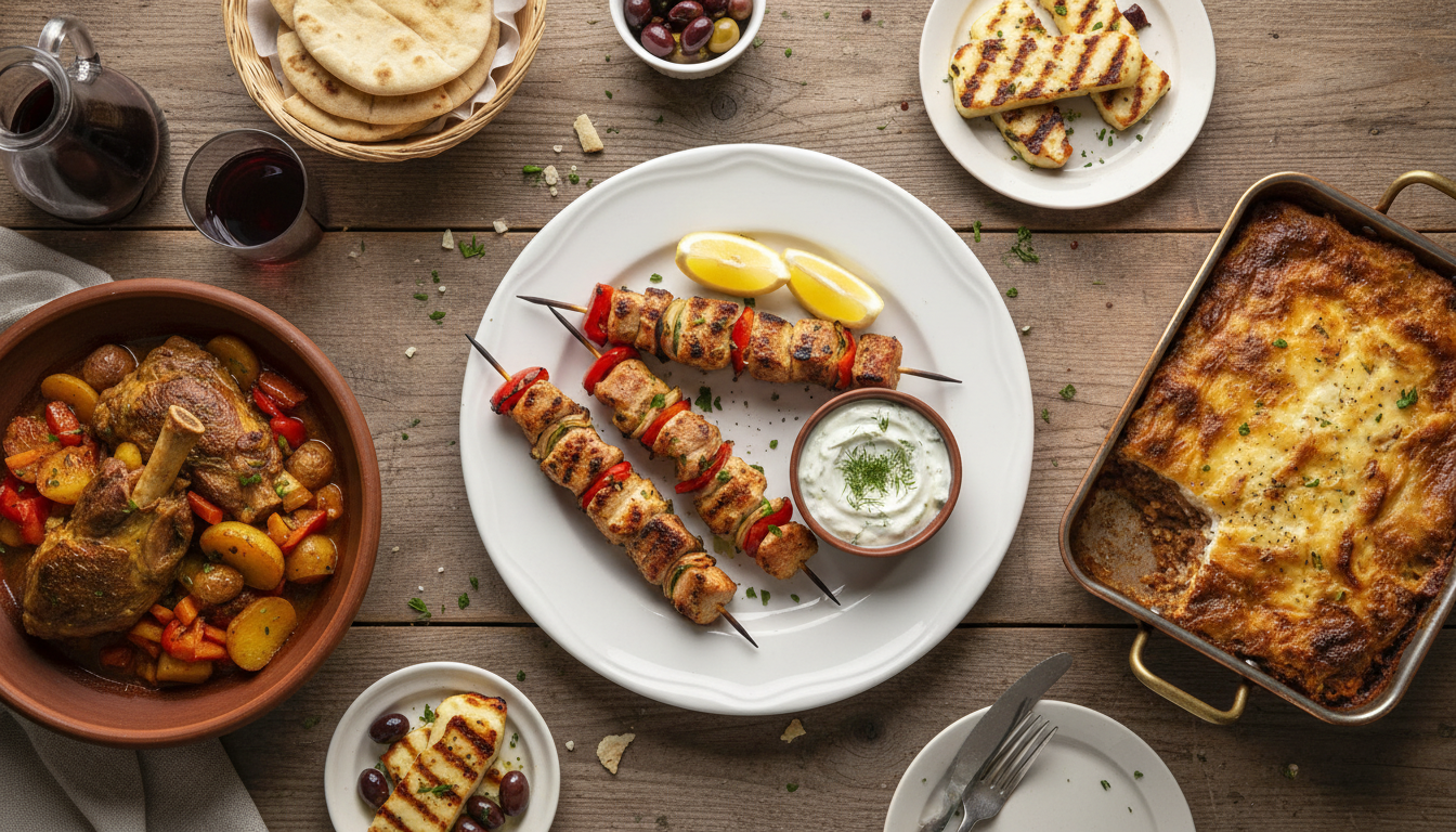 Assortment of Greek meat dishes including souvlaki, moussaka, and kleftiko on a rustic table.