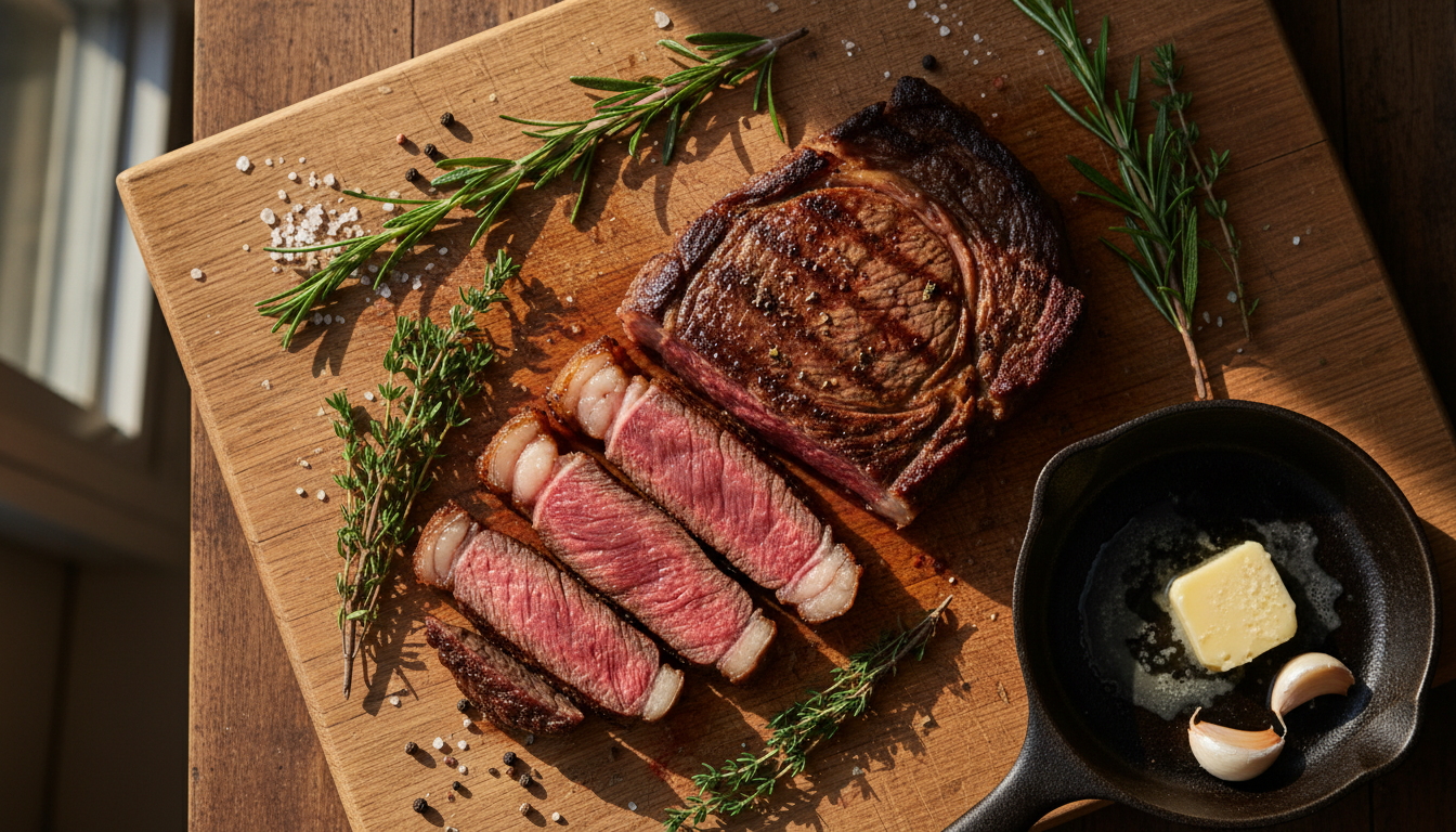 Идеально приготовленный стейк с прожаркой medium-rare на деревянной доске